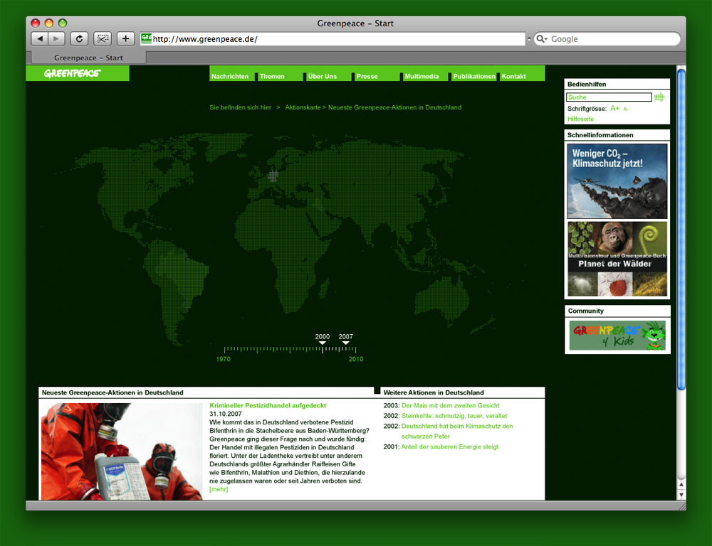 Entwurf für das Redesign der Greenpeace Webseite